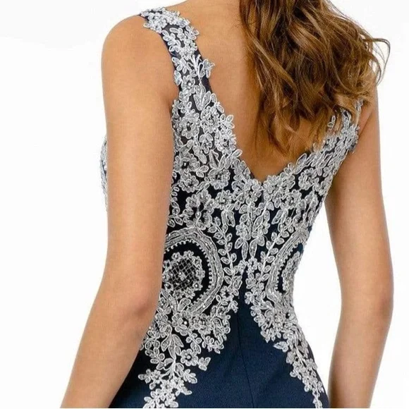 Elizabeth K - GL1839 Appliqued Bodice High Slit Long Dress - Picture 4 of 7